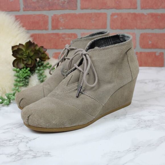 Toms Tan Suede Leather Wedge Desert Lase Up Booties Size 9 - Picture 1 of 5